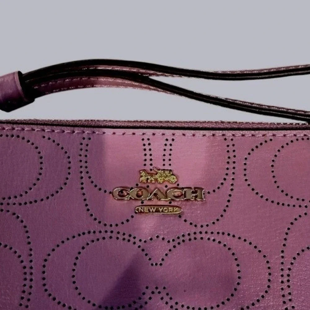 Coach Purple Perforated Signature C Leather Wristlet Gold Hardware Zip Pouch